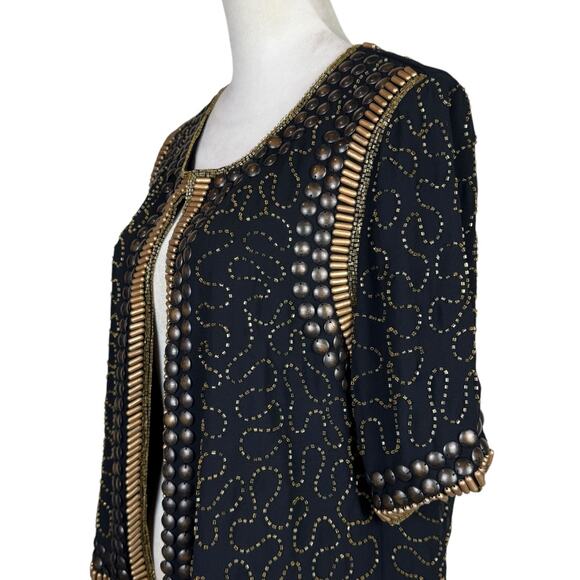 Hazel Black Chiffon Studded Beaded Gold Short Sleeve Evening Layering Jacket - Picture 7 of 11